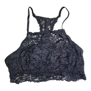 Aerie Women L Black Floral Lace Comfort Unpadded Racerback High Neck Bralette